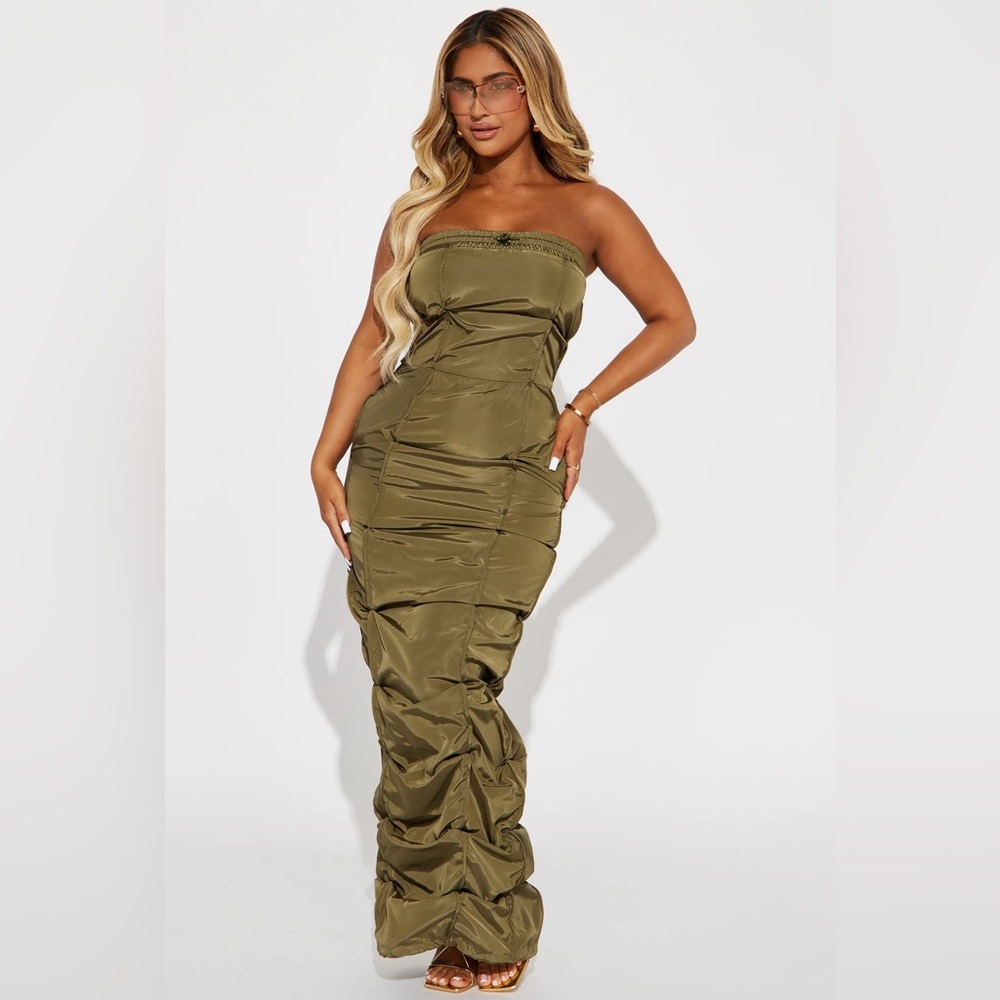 Fashion Nova Olive Green Elastic Top Band Ruched Tube Maxi Dress